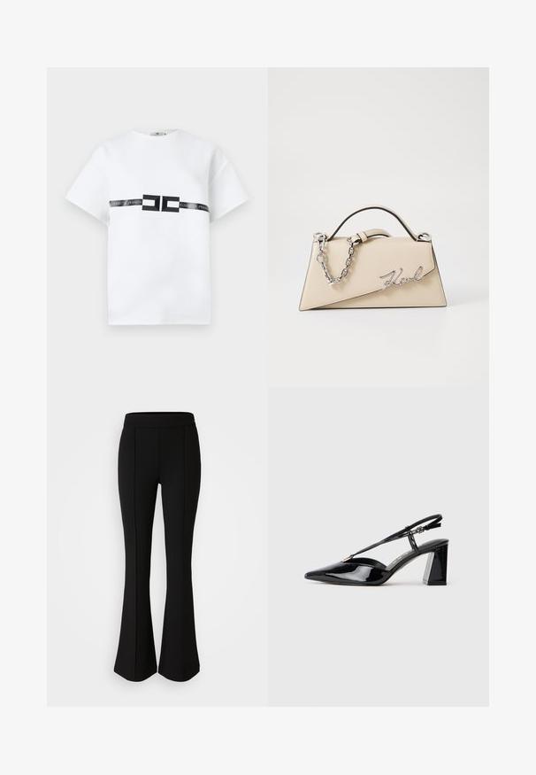 Balta trumpa rankovėmis marškinėliai, pagaminti iš medvilnės, su centrine juoda logotipo juosta, kurioje užrašyta "ELISABETTA FRANCHI" ir geometrinės detalės.; Juodos flared kelnės pagamintos iš tamprios medžiagos su lygiu paviršiumi, su siūlų detalėmis priekinėje dalyje, kad būtų pridėtas dizaino elementas.; Juodos lakinės odos aukštakulnės basutės su smailiu pirštu, reguliuojama juosta ir storu stačiakampiu kulnu.; Bežinė odinė rankinė su struktūrine trikampio forma, turinti sidabrinę grandinėlę ir metalinį bajorišką logotipą.