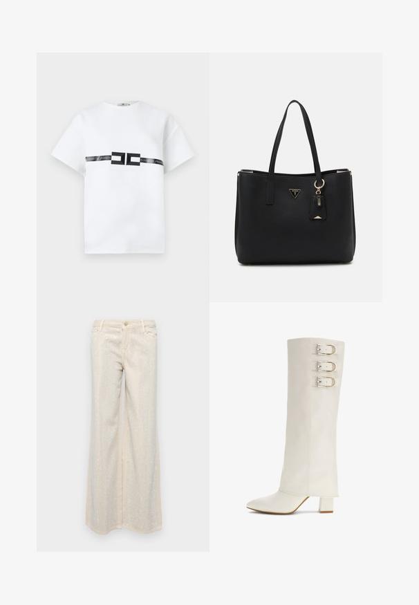 Hvid kortærmet T-shirt lavet af bomuld, med et centralt sort logo-bånd med teksten "ELISABETTA FRANCHI" og geometriske accenter.; Beige brede bukser med en glat tekstur, der har metaliske sølvfarvede pailletter arrangeret i et mønster hen over fronten og bagsiden.; Knæhøj hvid læderstøvle med spids tå, tre metalliske spænde detaljer og en firkantet blokhælhøj. Glat tekstur, minimalistisk design.; Sort totebag lavet af struktureret syntetisk materiale, med to håndtag, en guldlogo-plade og et lille mærke med en accentdetalje.