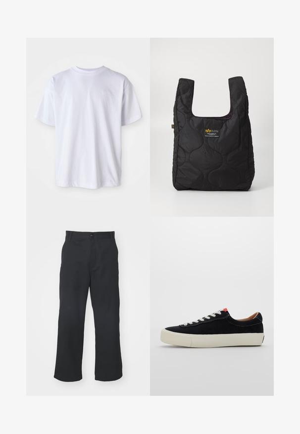 Valge puuvillane T-särk ümarate kaelustega ja lühikeste varrukatega. Toode on kaunistatud vasakul rinnal samme värvi peene tikandiga logoga.; Mustad sirgedega püksid, mis on valmistatud sileda tekstuuriga kangast, esi-nuppude kinnitusega ja tavapäraste taskutega.; Must mustrasneaker mustmustraday valgetus valge nööritega, beež kummist tallaga ja punase aktsendiga kandade juures. Ümar nina ja minimaalne õmblusdetail.; Mustmustritud must kott, millel on suur avaus, kõverad vormid pinnal ja silt, millel on kollane ja valge tekst esitlusel.