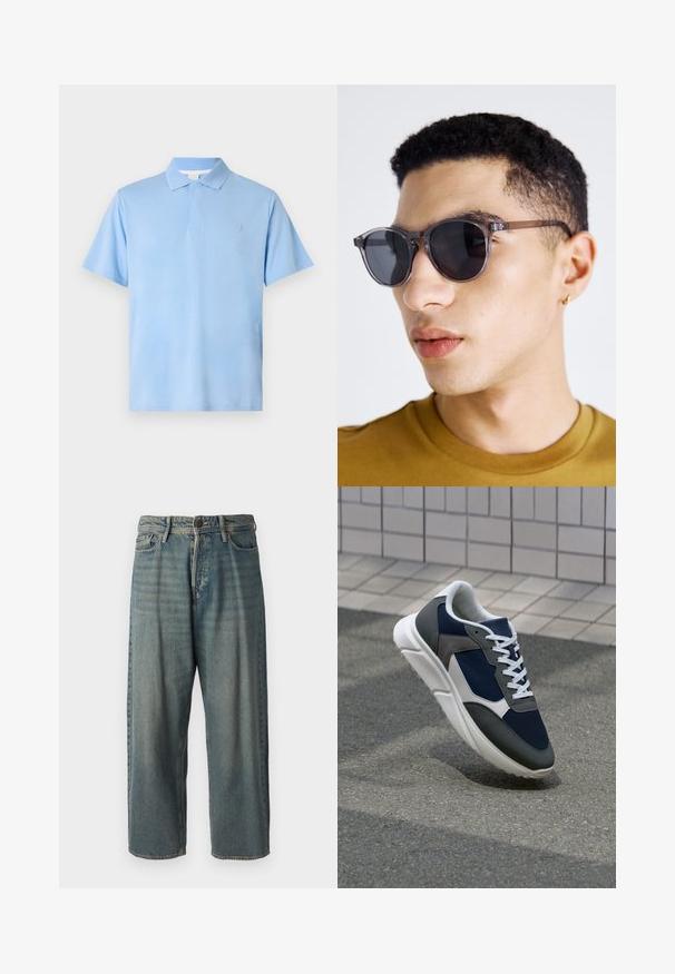 Pólo azul claro feito de algodão, com colarinho clássico, mangas curtas e um logo discreto no peito. Textura suave.; Jeans de ganga azul claro com um corte solto, cintura média e pernas retas. Apresenta cinco bolsos, passadores de cinto e fecho com botão.; Sapatilha com parte superior em malha azul-marinho, detalhes em camurça cinza, sola de borracha branca e atacadores brancos planos, projetada para conforto e respirabilidade.; Óculos de sol redondos com tonalidade cinza e armação transparente, com lentes escuras e hastes finas e elegantes. Usados por uma pessoa com cabelo curto e encaracolado.