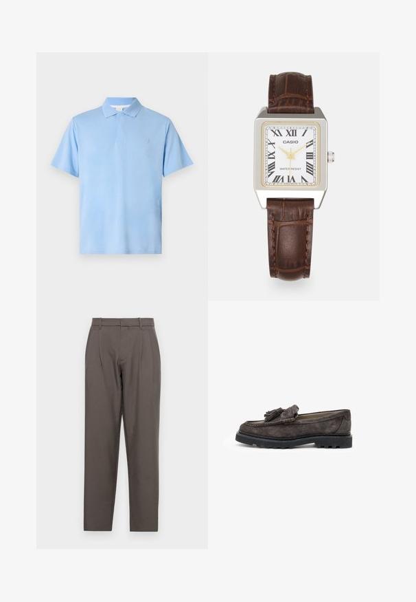 Vaaleansininen puuvillapolo-paita, jossa on klassinen kaulus, lyhyet hihat ja hillitty logo rinnassa. Sujuva rakenne.; Jack & Jones JPSTBILL JJDAYTONA WIDE - Housut - pavement; Tummanharmaat mokkanahkakengät, joissa on etuosan tupsuaksentti, litteä kumipohja ja kontrastiväriset ompeluyksityiskohdat reunoilla.; Casio suorakulmainen kello, jossa on valkoinen kasvot, kultaiset yksityiskohdat, roomalaiset numerot ja ruskea krokotiilin nahkainen hihna. Vesitiivis muotoilu.
