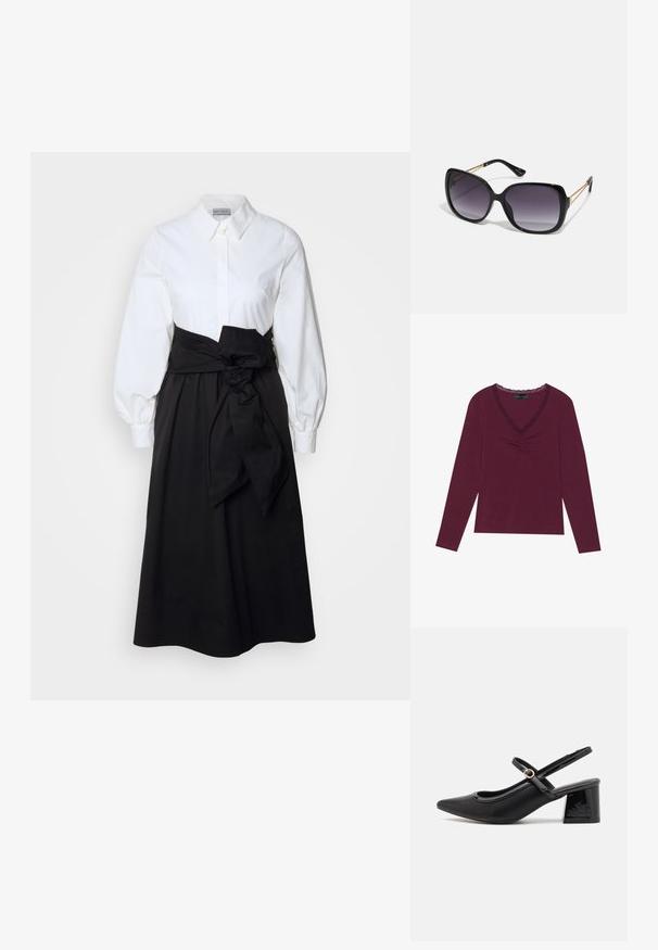 Dugih rukava, duboko burgundski gornji dio sa V-izrezom, crnim čipkastim detaljem i nabranim detaljima na prednjem dijelu. Mekana tekstura, ležeran kroj.; Bijela košulja dugih nabranih rukava, uparena s crnom suknjom i pamučnim remenom zavezanom u struku, izrađena od glatkog pamučnog materijala.; Crne lakirane slingback visoke potpetice s šiljastim vrhom, zaobljenim izrezom i blok potpeticom. Sadrži akcent zlatnog tona s kopčom.; Crne prevelike sunčane naočale s gradijentnim lećama, debelim okvirom i zlatnim lancem kao detaljem na krakovima.; Crna torba od sintetičkog materijala, s jednostavnim pravokutnim dizajnom, zlatnim kvadratnim detaljima i dvostrukim ručkama.