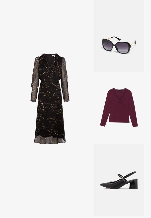 Langärmliges, tief burgunderfarbenes Oberteil mit V-Ausschnitt und schwarzem Spitzenbesatz sowie gerafften Details in der Mitte vorne. Weiche Textur, lässige Passform.; Schwarzes Kleid mit einem fließenden, knielangen Rock und durchsichtigen langen Ärmeln. Verfügt über ein Wickel-Design im Oberteil mit einem subtilen abstrakten Muster in Beige.; Schwarze Lackleder-Slingback-Absätze mit spitzer Zehenform, einem runden Ausschnitt-Design und einem Blockabsatz. Mit einem goldfarbenen Schnallenakzent.; Schwarze übergroße Sonnenbrille mit getönten Gläsern, dicken Rahmen und goldfarbener Kettendetaillierung an den Bügeln.; Schwarze Tragetasche aus synthetischem Material, mit einfachem rechteckigem Design, goldenen quadratischen Akzenten und doppelten Griffen.