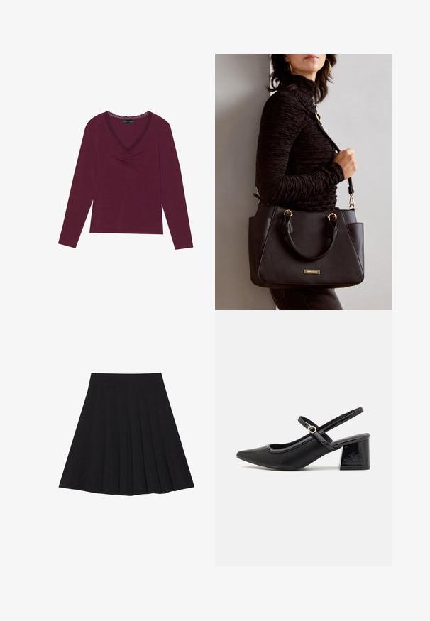 Ilgų rankovių, giliai bordo spalvos palaidinė su V formos iškirpte, kurią puošia juodos nėrinių detalės ir surinkta apdaila priekyje. Minkšta tekstūra, laisvas siluetas.; Juoda plisėta sijonas, pagamintas iš tekstūruotos medžiagos su prigludusia juosmens juosta. Siekia kelių ilgį, turi sklandžią, švarią siluetą.; Juodi patentinio odos slingback aukštakulniai su smailiu pirštu, apvaliu išpjovimu ir blokiniu kulnu. Papuošti auksiniu juostos akcentu.; Juodas rankinės maišelis su struktūrizuota paviršiumi, dvigubais viršutiniais rankenėlėmis ir reguliuojamu peties diržu. Įrengtas aukso spalvos furnitūra ir šoninės kišenės.