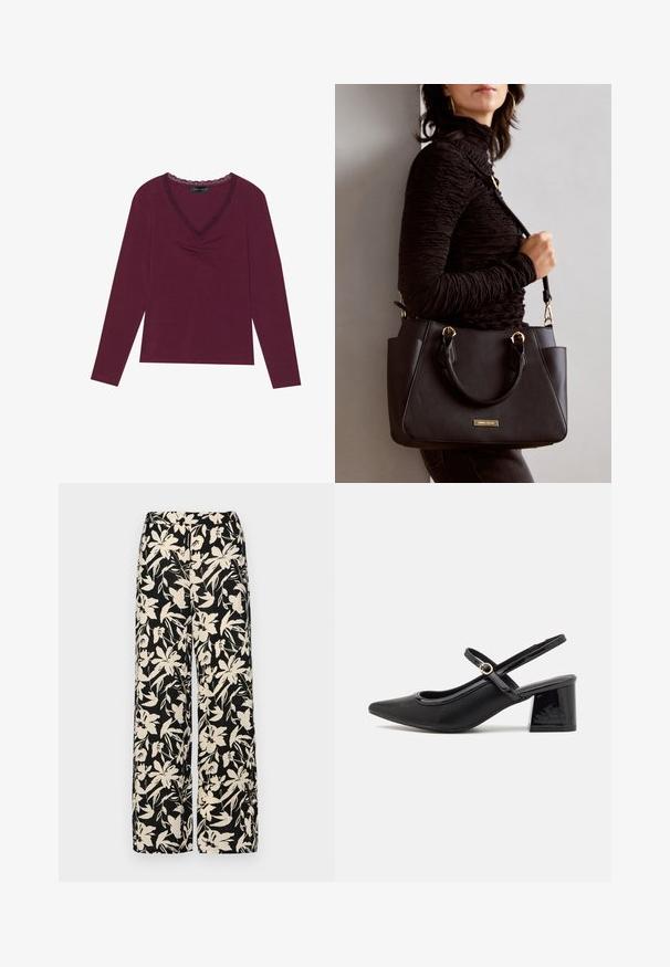 T-shirt de mangas longas, em azul bordeaux profundo, com decote em V e acabamento em rendinha preta, apresentando detalhes franzidos no centro da parte frontal. Textura suave, ajuste casual.; Calças largas pretas com um padrão floral creme. Feitas de um tecido leve, apresentando uma textura suave e uma cintura alta.; Sabrinas de cerâmica preta com salto bloco, bico apontado e um design com recortes arredondados. Apresenta um detalhe em fivela de tom dourado.; Bolsa preta com superfície texturizada, alças superiores duplas e alça de ombro ajustável. Apresenta ferragens em tom dourado e bolsos laterais.