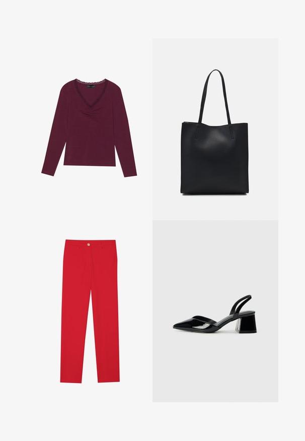 Pikendatud varrukatega tume burgundi värvi pluus, millel on V-kaelus musta pitsäärisega ja kokkutõmbed esiosas. Pehme tekstuur, lõdvestunud istuvus.; Punased püksid, sirge jala lõikega, lapiku esiosaga, ühe nööbi sulgemisega ja kahe küljetaskuga. Sile kangas, millel pole nähtavaid mustreid ega aktsente.; Mustad musta lakknahk kingad, millel on terav varvas ja geomeetriline plokkkonts. Omab elegantselt minimalistlikku disaini ja sujuvat tekstuuri.; Mustast nahast kott sujuva tekstuuriga, ristkülikukujuline ja kahe pika sangaga. Pole nähtavat riistvara ega kaunistusi.