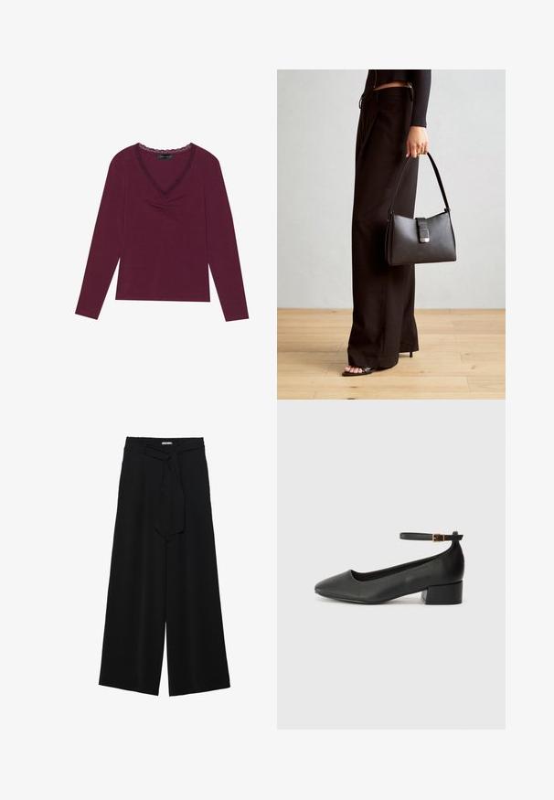 Hosszú ujjú, mély burgundi színű blúz V-nyakkivágással, fekete csipkeborítással és elöl ráncolt részletekkel. Puha tapintás, laza szabás.; Fekete, bő szárú nadrág, texturált anyagból, rugalmas derékpánttal és levehető sállal a derekán, amely állítható illeszkedést biztosít.; Fekete bőr magassarkú cipő hegyes orral és alacsony tömb sarkal. Bokapánttal rendelkezik, aranyszínű csattal. Simább textúra.; Fekete kézi táska strukturált formával, sima textúrával és fémből készült záródással. Széles fekete nadrággal és nyitott orrú szandállal párosítva, fából készült padlón.