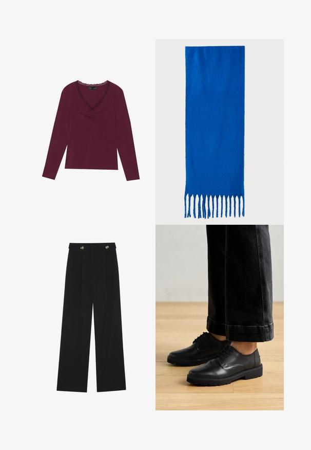T-shirt de mangas longas, em azul bordeaux profundo, com decote em V e acabamento em rendinha preta, apresentando detalhes franzidos no centro da parte frontal. Textura suave, ajuste casual.; Calças largas pretas com cintura alta, detalhes em botão na cintura e pregas frontais.; Sapatos de couro negro com atacadores, com uma textura suave, biqueira arredondada e sola de borracha grossa, combinados com jeans escuros cropped.; Cachecol azul com franjas, feito de tecido macio; apresenta uma cor sólida com uma superfície texturizada e franjas cortadas de forma uniforme na parte inferior.; Bolsa tote preta em couro com duas alças longas, textura suave e forma estruturada. Apresenta um bolso frontal para armazenamento adicional.