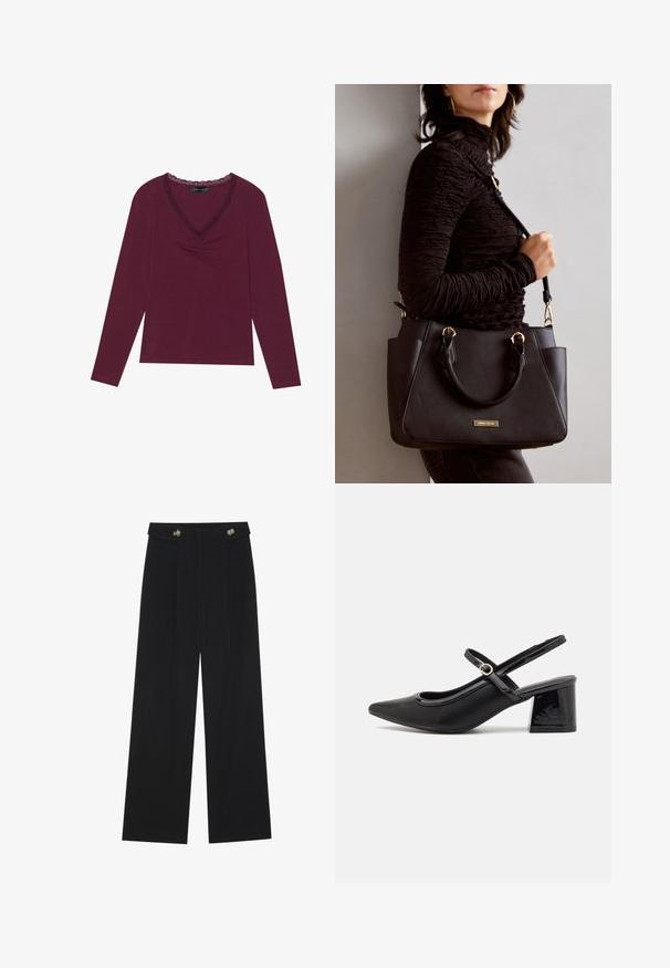 Long-sleeve, deep burgundy top featuring a V-neckline with black lace trim and gathered detailing at the center front. Soft texture, casual fit.; Black wide-leg trousers with high waist, button details on waistband, and front pleats.; Black patent leather slingback heels with a pointed toe, a rounded cutout design, and a block heel. Features a gold-tone buckle accent.; Black handbag with textured surface, dual top handles, and adjustable shoulder strap. Features gold-tone hardware and side pockets.