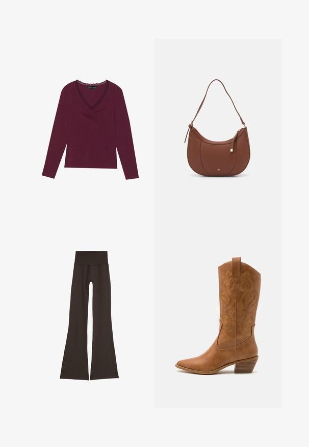 Dlhý rukáv, hlboký burgundský top s V-výstrihom, okrajený čiernou čipkou a riasením v strede predného dielu. Mäkká textúra, voľný strih.; Tmavohnedé rozšírené legíny so širokým, rebrovaným pásom. Vyrobené z mäkkého, pružného materiálu, s bežným dizajnom a bez viditeľného kovania.; Hnedé kožené kovbojské topánky s špicatou špičkou, vyšívanými vírivkami na štýle a blokovým podpätkom. Obsahuje praktický pútko na ľahké obúvanie.; Hnedá umelá kožená taška cez rameno s zakriveným tvarom, minimalistickým šitím a zlatými akcentami. Obsahuje zips na vrchu a nastaviteľný popruh.