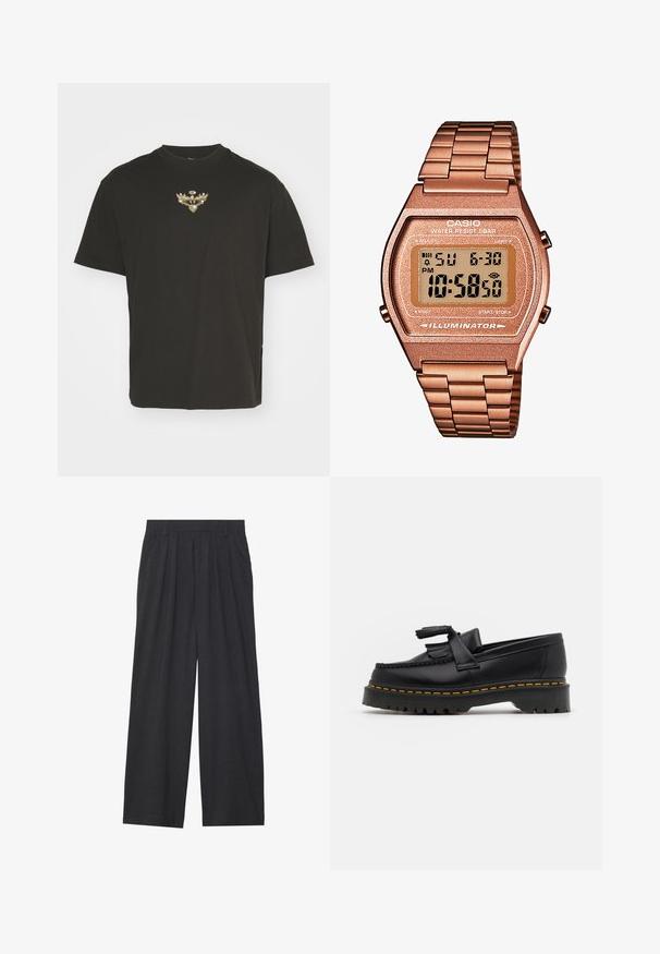 Czarna bawełniana koszulka z okrągłym dekoltem. Posiada centralny haftowany wzór w kolorze złotym i srebrnym przedstawiający skrzydła oraz okrągły emblemat. Krótkie rękawy.; Szerokie spodnie wykonane z ciemnoszarego materiału. Posiadają pliski w talii, dopasowany krój oraz prostą sylwetkę.; Czarny skórzany mokasyn z frędzelkowymi akcentami, z masywną czarną podeszwą i żółtym przeszyciem wzdłuż krawędzi. Teksturowane wykończenie.; Cyfrowy zegarek Casio z różowo-złotą metalową bransoletą, prostokątną kopertą, podświetlanym wyświetlaczem i wodoodpornością, pokazujący czas i datę.