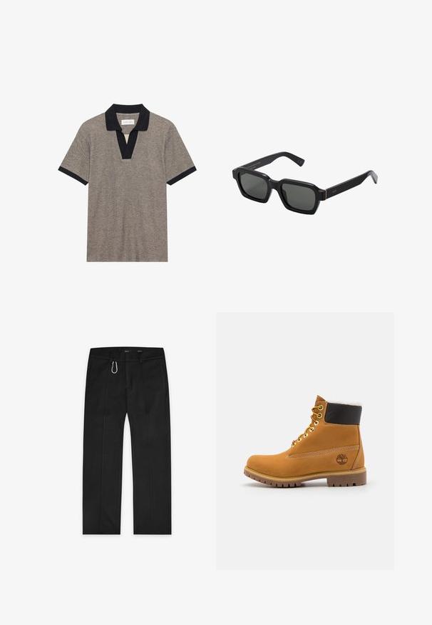 Lyhythihainen polo-paita teksturoidusta beige-materiaalista, jossa on kontrastiväri musta kaulus ja nappilista. Sisältää V-kaula-aukon muotoilun ja istuvat hihat.; Mustat housut, jotka on valmistettu kudotusta kankaasta, suora lahkeiden muotoilu, kaksi sivutaskua, etuvetoketju ja ulkoinen lenkkidetail.; Ruske nahkasaapad ankle-moodi, metallist silmadega, valge karvase voodriga, musta pehmendusega kaeluse ja läbilöökide tald. Kotiriide logo on küljes.; Mustat, neliönmuotoiset aurinkolasit harmailla linsseillä. Paksuista muovikehyksistä löytyy kultaisia yksityiskohtia ja brändäystä temppeleissä. Sileä pinta.