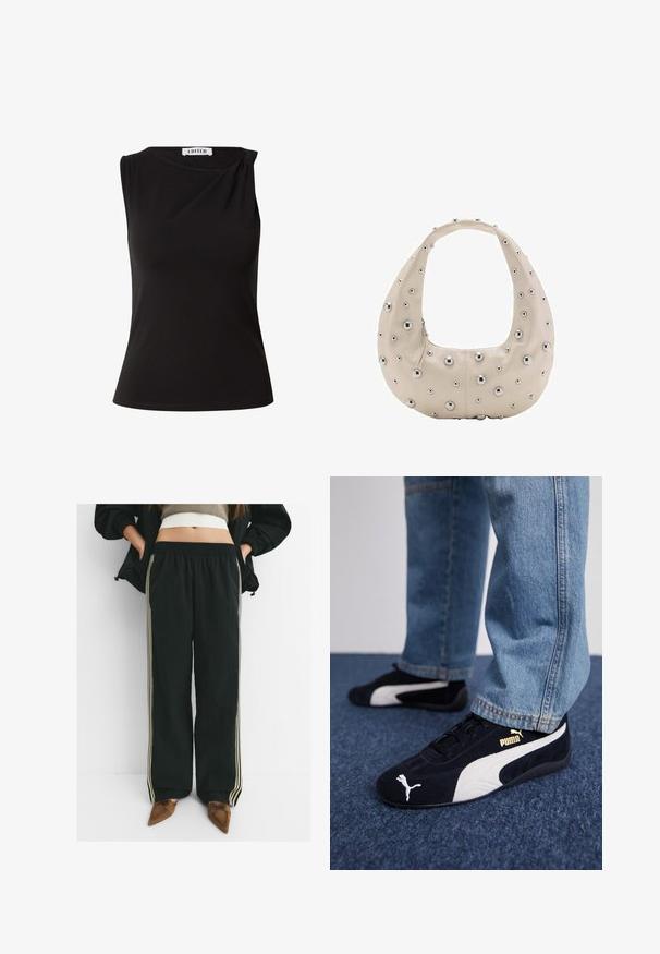 EDITED WIEBKE - Top - schwarz; Schwarze, lässige Jogginghosen mit elastischem Bund und seitlichen Taschen, die kontrastierende, hellbeige Streifen entlang der Beine aufweisen.; Schwarze Wildledersneaker mit weißen Akzenten und einem goldenen Logo. Getragen mit hellblauen Jeans und auf einer strukturierten blauen Oberfläche platziert.; Beige Lederhandtasche in Hobo-Form mit silbernen Metallnieten in verschiedenen Größen auf der Außenseite und kontrastierendem Reißverschluss.