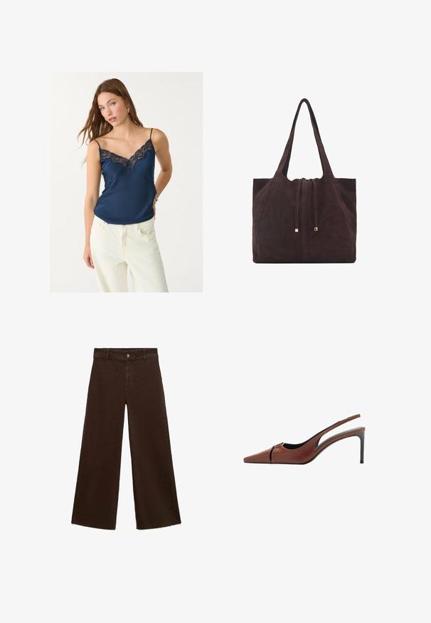 Námornícka saténová tielko s čipkovým lemom na výstrihu. Má tenké ramienka a voľný strih, doplnené bielymi nohavicami s vysokým pásom.; Hnedé široké nohavice z bavlnenej zmesi, s roztrhnutým lemom, predným zapínaním na gombík a klasickým dizajnom s piatimi vreckami. Minimalistické a všestranné.; Hnedé kožené sandále na podpätku so špicatou špičkou, výrezom na priehlavku a elegantným stiletto podpätkom. Hladká textura.; Mango Veľká kabelka - dark brown
