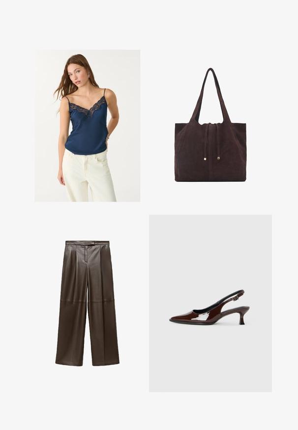 Námornícka saténová tielko s čipkovým lemom na výstrihu. Má tenké ramienka a voľný strih, doplnené bielymi nohavicami s vysokým pásom.; Hnedé kožené nohavice so širokými nohavicami s hladkou textúrou, s prehybmi vpredu a klasickým dizajnom pása.; Hnedá lakovaná slingback obuv s špicatou špičkou a mierne vysokým opätkom. Obsahuje pracku pre bezpečné upevnenie. Hladká textúra.; Mango Veľká kabelka - dark brown