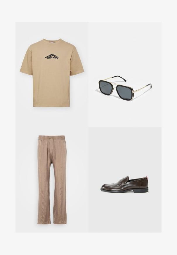 Beige t-paita, joka on valmistettu puuvillasta, jossa on pyöreä pääntie ja lyhyet hihat. Rinnan kohdalla musta graafinen kuvio brändin tekstillä.; Vaaleanruskeat, leveälahkeiset housut, jotka on valmistettu sileästä kankaasta. Housuissa on joustava vyötärö, jossa on naru, ja kaksi etuoseen käännettyä viivaa.; Ruske kožne loafere s glatkom završnom obradom, okruglim vrhom, dekorativnim šavovima i kontrastnim crvenim detaljem na peti. Gumeni potplat.; Mustat ja kultaiset aurinkolasit neliön muotoisella, metallikehyksellä, tummanharmailla linsseillä ja mustilla varsilla. Ominaisuutena kaksoissilta-muotoilu.