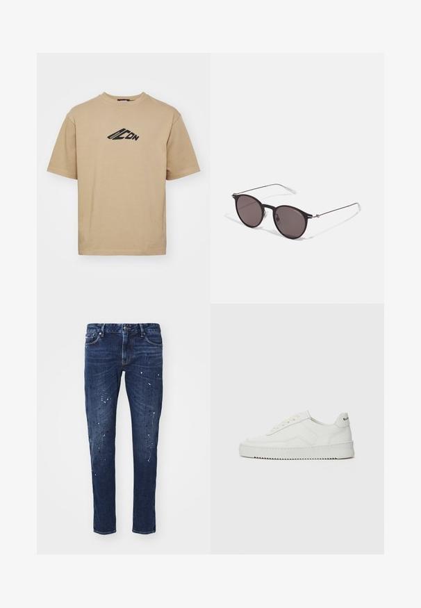 Beige t-shirt lavet af bomuld, med rund hals og korte ærmer. Sort grafisk design på brystet med brandets skrifttype.; Mørkeblå denimjeans med slim fit, der har malerpletter, synlige syninger og standard fem-lommer design. Lige ben.; Hvide lædersneakers med en glat overflade, rund tå, flade snørebånd og en tekstureret sål. Har et diskret logo på hælen.; Sorte runde solbriller med mørke linser og slanke metalarme. Inkluderer klare tempeltips og sølvdetaljer ved hængslet. Minimalistisk design.
