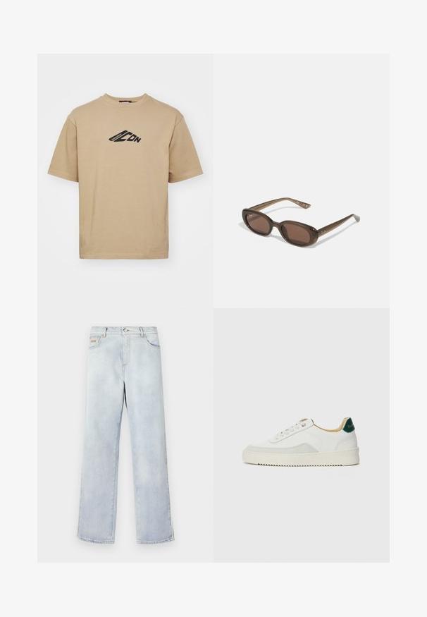 T-shirt beige in cotone, con scollo rotondo e maniche corte. Design grafico nero sul petto con scritta del marchio.; Jeans in denim azzurro chiaro con design a gamba dritta, dotati di chiusura a bottone, cinque tasche e cuciture a contrasto.; Sneaker bianco con accenti in camoscio, punta rotonda, lacci piatti e suola in gomma crema. Presenta un marchio verde sul tallone.; Occhiali da sole ovali marroni con lenti scure. La montatura è realizzata in un materiale marrone trasparente e presenta un logo stampato sulle tempie.