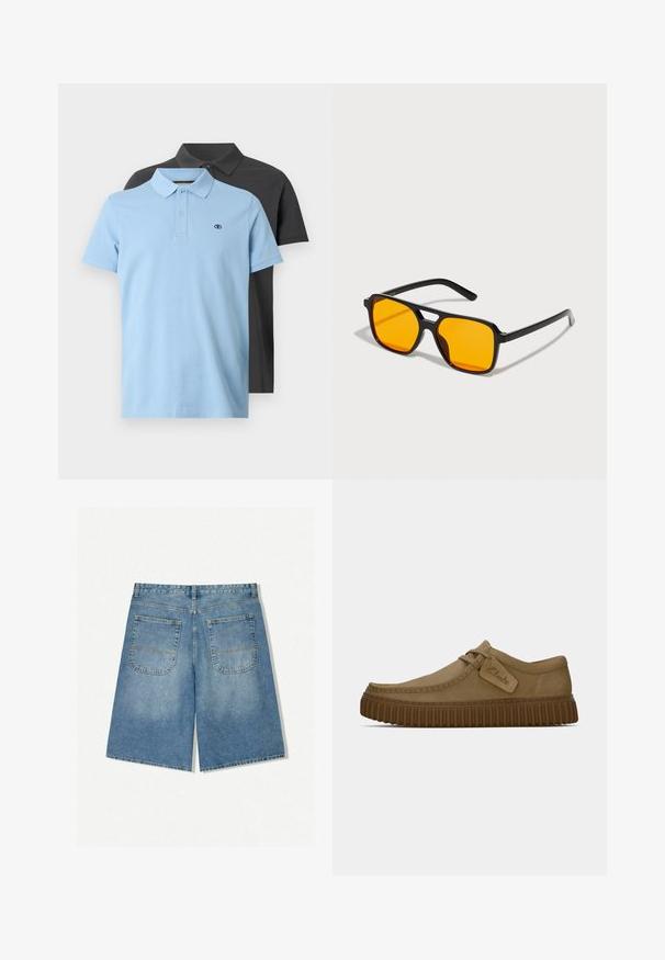 Dvoje polo triček: jedno světle modré s límečkem a knoflíky a jedno tmavě šedé. Obě mají malé logo na hrudi a krátké rukávy.; Džínové šortky v světle modré barvě s volným střihem, které mají dvě zadní kapsy a viditelné švy. Tkanina má jemnou, hladkou texturu.; Světle hnědé suede boty s kulatou špičkou, prošívanými detaily a ribbovanou hnědou gumovou podrážkou. Disponují bočním štítkem s logem "Clarks".; Černé obdélníkové sluneční brýle s výraznými oranžovými skly. Mají jedinečný design mostu a hladké nožky, vyrobené z lehkého materiálu.