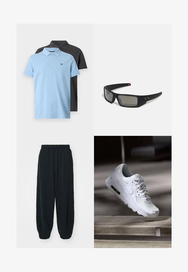 Kaks polo särki: üks helesinine, millel on krae ja nupud, ning teine tumehall. Mõlemal on rindkeres väike logo ja lühikesed varrukad.; Mustade elastse vöökoha ja laia lõikega dressipüksid, mansetiga sääred, sile tekstuur ning ilma nähtavate mustrite või detailideta.; Valged Nike Air Max 90 sneakers, millel on võrkkangast ja nahast ülemine osa, aukudega varbadosa ning nähtav õhuüksus kandades.; Mustad mustaga viimistlusega prillid, ristkülikukujulised läätsed, templite kerge kõverus, diskreetne logo detail ja suitsutatud läätsed.
