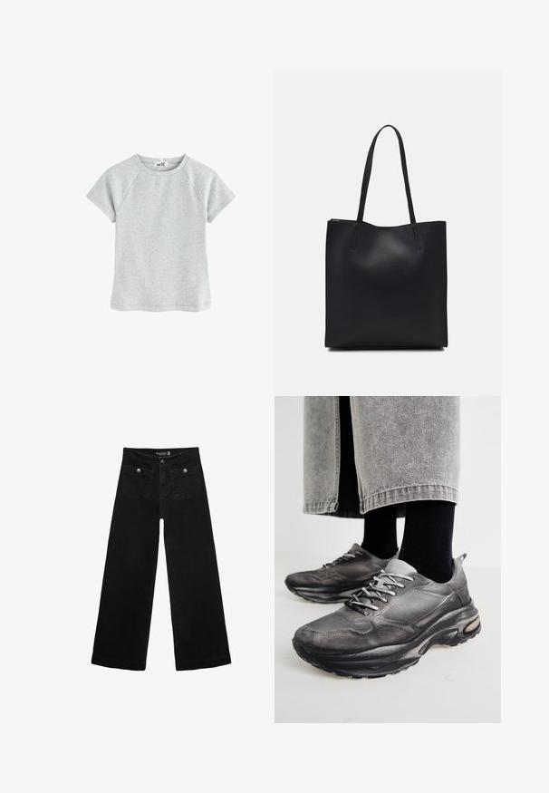 T-shirt grigio chiaro a maniche corte con scollatura rotonda, realizzato in un tessuto testurizzato, con maniche raglan e orlo dritto.; Jeans neri a gamba larga con vita alta, dotati di due tasche frontali e dettagli in metallo sui bottoni. Il tessuto ha una texture liscia.; Le scarpe da ginnastica nere e grigie presentano una tomaia in rete, suole spesse e lacci. Hanno una punta arrotondata e un dettaglio di ammortizzazione visibile.; Borsa tote in pelle nera con texture liscia, forma rettangolare e due manici lunghi. Nessun hardware o decorazione visibile.