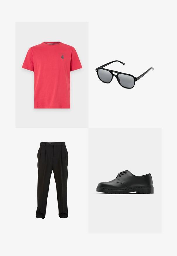 Rød bomulds T-shirt med rund hals og korte ærmer. Har et lille mørkt logo og nummer "4" trykt på brystet. Simpelt design.; Sorte bukser med et glat stof, der har frontfolder, en knap i taljen og tapered ankler. Klassisk skræddersyet silhuet.; Sorte læder oxford-sko med snørebåndsdesign, rund tå, flad gummisål og subtil syning langs overdelen.; Sorte solbriller med rektangulære rammer, gråt tonede linser og en broudskæring design. Slankt, glat plastmateriale med smalle stænger.