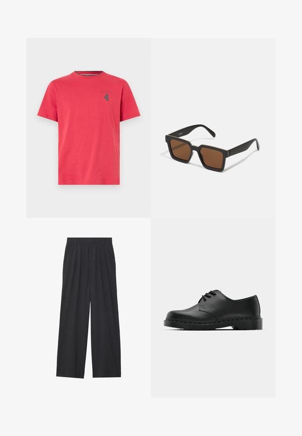 Červené bavlněné tričko s kulatým výstřihem a krátkými rukávy. Na hrudi je malé tmavé logo a číslo "4". Jednoduchý design.; Široké kalhoty vyrobené z tmavě šedé látky. Mají plisování v pase, střih na míru a rovný siluetu.; Černé kožené oxfordy s šněrováním, zakulacenou špičkou, plochou gumovou podrážkou a jemným prošíváním podél svršku.; Černé sluneční brýle čtvercového tvaru s hnědými skly, s matným povrchem a zlatými akcenty na rámu. Design je úhlový s širokými nohami.