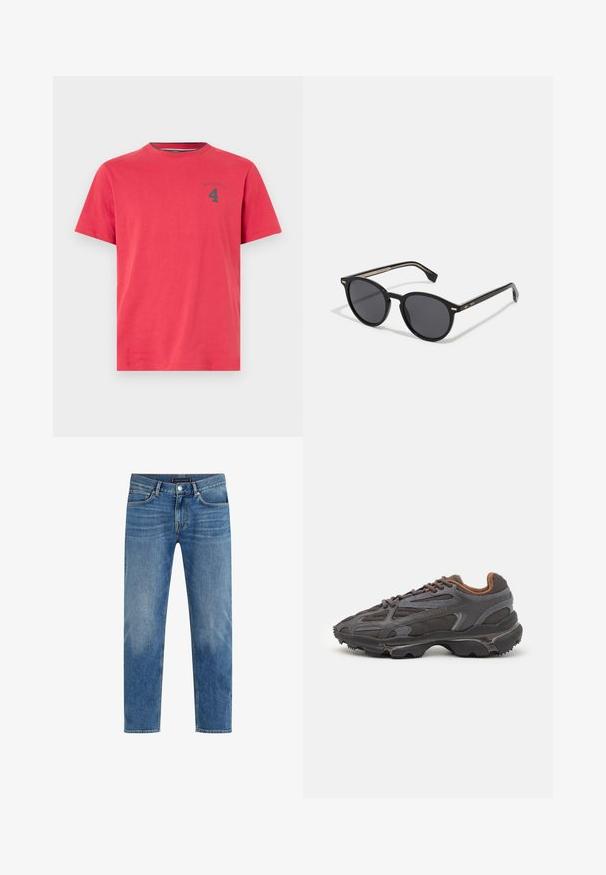 T-shirt en coton rouge avec un col rond et des manches courtes. Présente un petit logo foncé et le numéro "4" imprimé sur la poitrine. Design simple.; Jean en denim bleu clair avec un design à jambe droite, lavage décoloré, style à cinq poches, coutures contrastantes et fermeture à bouton à l'avant.; Baskets Lacoste en gris foncé, en matériau mesh et synthétique, avec une semelle texturée et des accents marron sur le col et le branding.; BOSS Lunettes de soleil - black