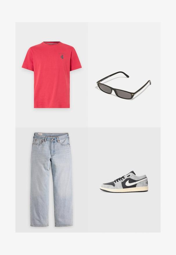 Rode katoenen T-shirt met ronde hals en korte mouwen. Heeft een klein donker logo en het nummer "4" op de borst gedrukt. Eenvoudig ontwerp.; Lichtblauwe rechte jeans met een hoge taille, knoopsluiting en voor- en achterzakken, gepresenteerd op een vlakke ondergrond.; Nike Air Jordan 1 Low in grijs en zwart suède met witte accenten. Bevat een gevoerde zool en het klassieke Nike swoosh-logo.; Zwarte rechthoekige zonnebril met donkere lenzen. Kunststof frame met een matte afwerking. Gouden accenten op de armen en merklogo.