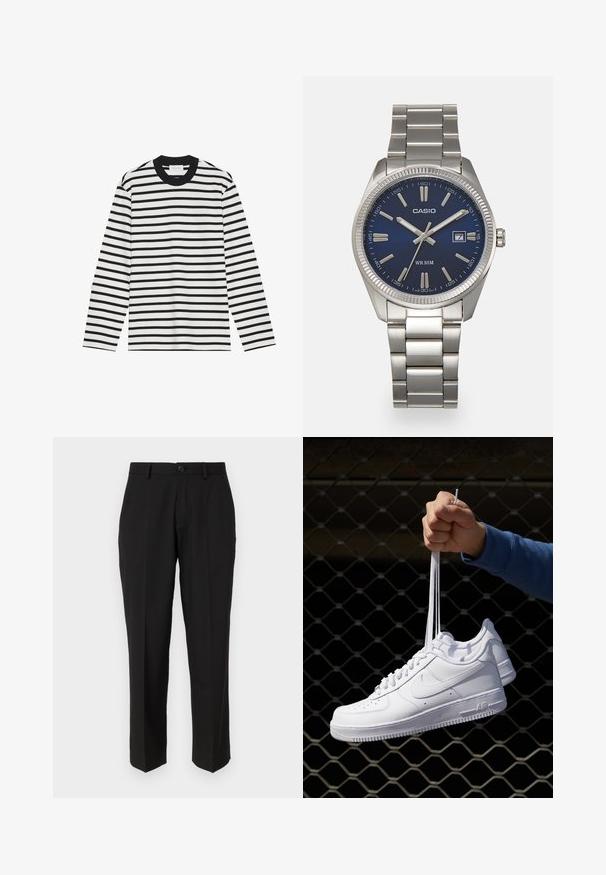 Pitkähihaista paitaa mustavalkoisilla raidoilla. Resorikaulus ja resorit hihoissa. Pehmeä kangas, jossa tasainen vaakaraidoitus. Klassinen leikkaus.; Mustat housut, jotka on valmistettu sileästä kankaasta, suoran lahkeen muotoilulla, etutaskuilla, yhdellä napilla kiinnitettävänä ja ilman näkyviä kuvioita.; Valkoiset nahkasneakersit, joissa on rei'ityksiä, pyöreä kärki, tasapohja ja paksut nauhat, joissa on näkyvä swoosh-logo ja "AIR" kantapäässä.; Harmaa ruostumaton teräs rannekello, jossa on tummansininen kellotaulu, metalliset tuntimerkit ja päivämääränäyttö kello 3:ssa. Vesitiivis 50 metriin asti.