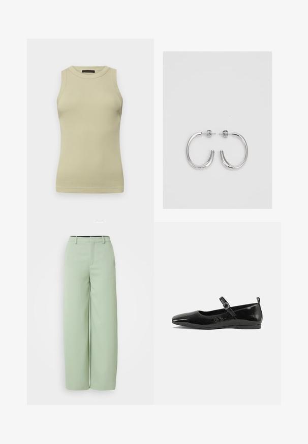 DRYKORN OLINA jasnozielony; Jasnozielone spodnie o szerokich nogawkach wykonane z gładkiego materiału. Charakteryzują się płaskim przodem, szlufkami na pasek i dopasowanym krojem bez widocznych elementów metalowych.; Czarne lakierowane baleriny z ostro zakończonym noskiem, paskiem na kostkę z klamrą oraz gładką, błyszczącą teksturą. Niski obcas dla wygody.; Srebrne kolczyki na biglu o gładkim, błyszczącym wykończeniu. O zaokrąglonym kształcie, lekkim designie, z zamknięciem na zatrzask.