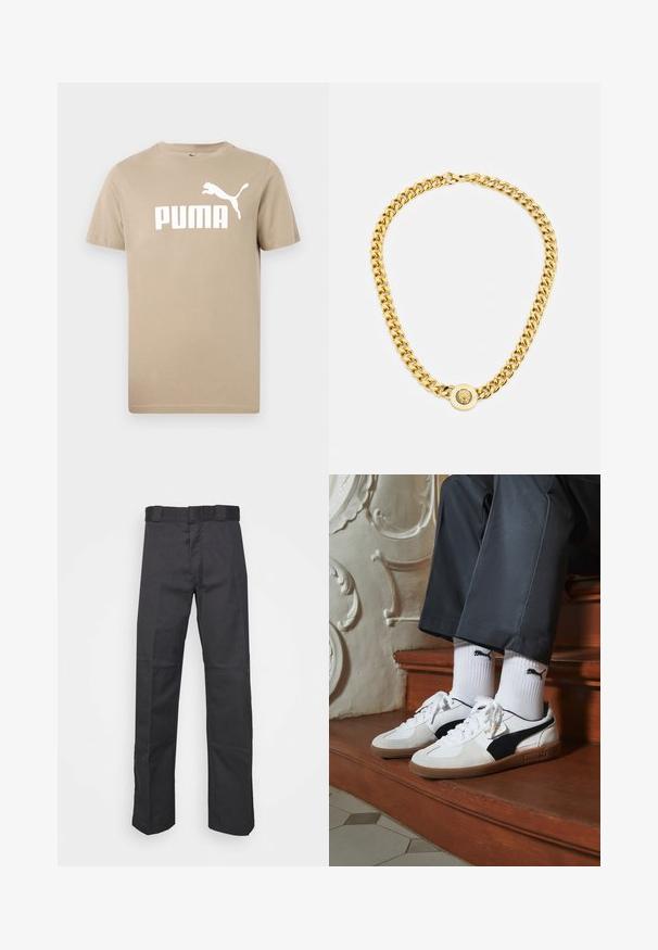 Beige bomull t-shirt med rund halsringning, korta ärmar och en stor vit "PUMA"-logotyp och siluett på framsidan. Slät textur.; Svarta byxor av slitstark tyg med rak bendesign, midja med bälteshål och sömmar för extra struktur.; Puma-sneakers i vit och svart mocka, med en brun gummisula. Kombinerade med vita strumpor som visar upp en svart logotyp, bärs tillsammans med mörka byxor.; Guldhalsband med stora sammanlänkade kedjor, med en cirkulär hängare i mitten som har en upphöjd emblem.