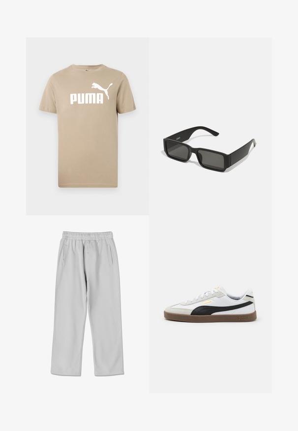 Beige puuvillane T-särk, ringsuudmega, lühikeste varrukatega ja suure valge "PUMA" logo ning siluettiga ees. Sile tekstuur.; Vaaleanharmaat, kapenevat collegehousut, joissa on elastinen vyötärö, kaksi sivutaskua ja huomaamaton logopuoli edessä. Pehmeä rakenne.; Valkoinen nahkainen tennari mustalla mokkanahkakoristeella, pyöreä kärki, litteä ruskea kumipohja ja kohokuvioitu kullanvärinen logo sivussa. Nyörit ja pehmustettu kaulus.; Musta aurinkolasit suorakulmaisine linsseineen, matasta muovista valmistettu kehys ja suorat reunat. Sisähaara on varustettu merkkilogolla.