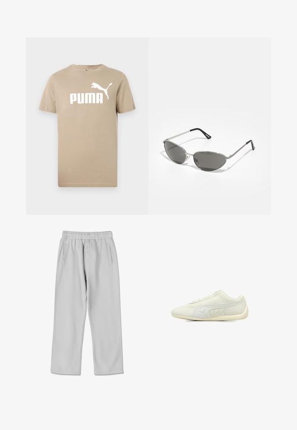 Béžové bavlnené tričko s okrúhlym výstrihom, krátkymi rukávmi a veľkým bielym logom a siluetou "PUMA" na prednej strane. Hladká textúra.; Svetlošedé, zúžené tepláky s elastickým pásom, dvomi bočnými vreckami a diskrétnym logom na prednej strane. Mäkká textúra.; Svetlo šedá športová obuv vyrobená z semišu, s hladkým povrchom, okrúhlou špičkou, minimalistickým dizajnom, šnurovaním vpredu a textúrovanými bočnými akcentmi.; Slnečné okuliare s elegantným, strieborným kovovým rámom, sivými tónovanými sklami a aerodynamickým dizajnom s ostrými hranami a tenkými rámikmi.