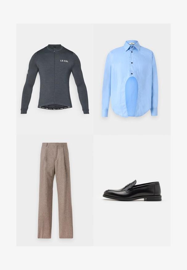 Pikad varrukad rattasõidupaita tumehallist kangast, millel on ees tõmblukk ja valge "LE COL" logo rinnal ja varrukal. Veniv ja keha tunnetav disain.; Heledsinine pikkade varrukatega särk, millel on terav krae, mustad nupud ja ainulaadne lõige ees eristuva disaini jaoks.; Prunnid, kõrge vöökohaga püksid, mis on valmistatud tekstureeritud kangast. Omavad laiu jalgu ja kahte eesmist voldikut struktuuri jaoks. Korralik viimistlus, ilma nähtava riistvarata.; Mustad mustad nahast loafers sileda tekstuuriga, ümarat ninaosa ja dekoratiivne riba vampi üle. Madal kihiline konts, minimalistlik disain.