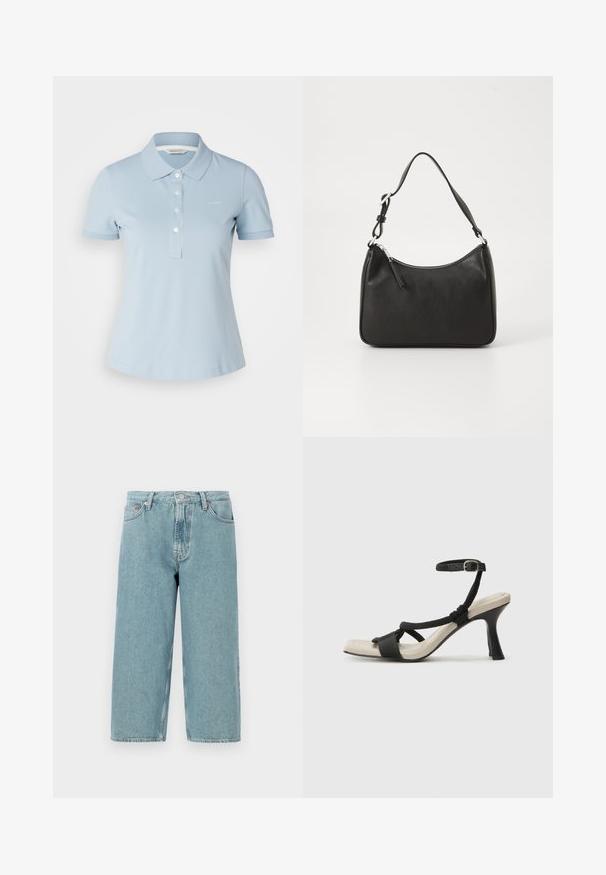 Lichtblauw polo-shirt van katoen, met een klassieke kraag, korte mouwen en een vijfknopssluiting met een klein logo op de borst.; Lichtblauwe denimshorts met een hoge taille, rechte snit en rauwe zoom. Voorzien van een klassieke knoop- en ritsluiting en vier zakken.; Zwarte hoge hak sandaal met een gevlochten bandontwerp, vierkante teen en verstelbare enkelband. Lichtbeige voetbed met een glanzende zwarte hak.; Zwarte leren handtas met een gebogen vorm, een enkele schouderband, ritsluiting en subtiele branding aan de voorkant. Glad textuur, minimalistisch ontwerp.