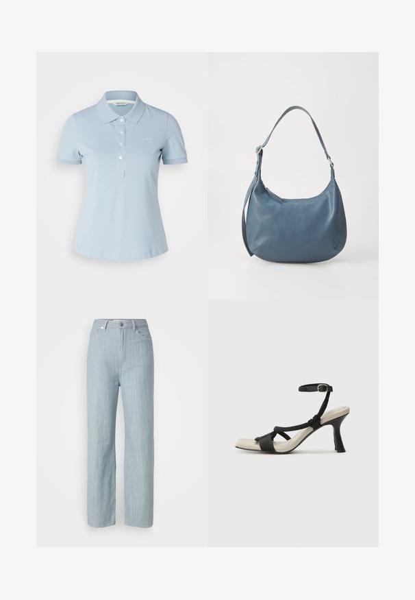 Camisa polo de color azul claro hecha de algodón, con un cuello clásico, mangas cortas y una tapeta de cinco botones, con un pequeño logo en el pecho.; Jeans de pierna recta en azul claro, hechos de denim. Cuenta con cinco bolsillos, un cierre de botón de metal y un sutil desgastado para añadir textura.; Sanda¡ía de tacón negro con diseño de tira trenzada, punta cuadrada y correa ajustable en el tobillo. Plantilla de color beige claro con un tacón negro brillante.; Bolso de piel azul con forma redondeada, correa de hombro única, cierre de cremallera y nombre de la marca en relieve en la parte frontal. Textura suave.