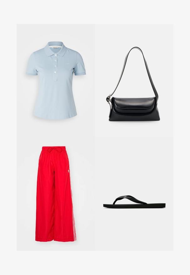Lichtblauw polo-shirt van katoen, met een klassieke kraag, korte mouwen en een vijfknopssluiting met een klein logo op de borst.; Rode broek met wijde pijpen, gemaakt van lichte stof, met witte zijkanten en een elastische tailleband met een trekkoord.; Zwarte rubberen flip-flop sandaal met een getextureerde strap en een eenvoudige platte zool, zijaanzicht op een effen lichte achtergrond.; Zwarte leren handtas met een gestructureerde vorm, een gladde textuur en een enkele schouderband. Heeft een subtiele, afgeronde klepontwerp.