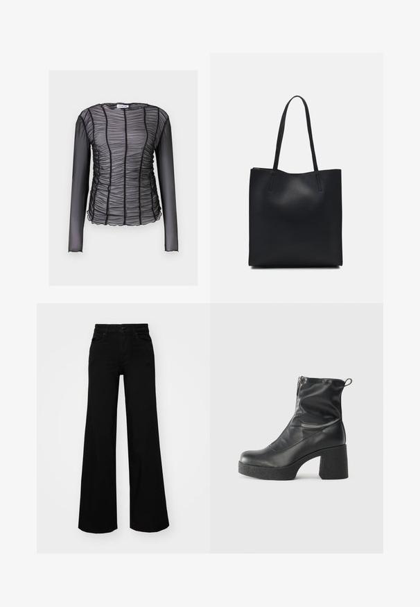Μαύρη μπλούζα με μακριά μανίκια από διαφανές, ριχτό ύφασμα με κάθετες ρίγες, διαθέτει φανταχτερό τελείωμα και στρογγυλή λαιμόκοψη.; Μαύρο παντελόνι με φαρδιά μπατζάκια από τζίν, με δομημένη μέση, θηλιές ζώνης και μπροστινές τσέπες. Λείος υφασμάτινος σχεδιασμός με κλασική εμφάνιση.; Μαύρες μποτές μέχρι τον αστράγαλο από λείο δέρμα, με πλευρικό φερμουάρ, χοντρό υφασμάτινο τακούνι και στρογγυλή μύτη.; Μαύρη δερμάτινη τσάντα tote με λείο υφή, ορθογώνιο σχήμα και δύο μακριές λαβές. Χωρίς ορατό υλικό ή διακοσμητικά στοιχεία.