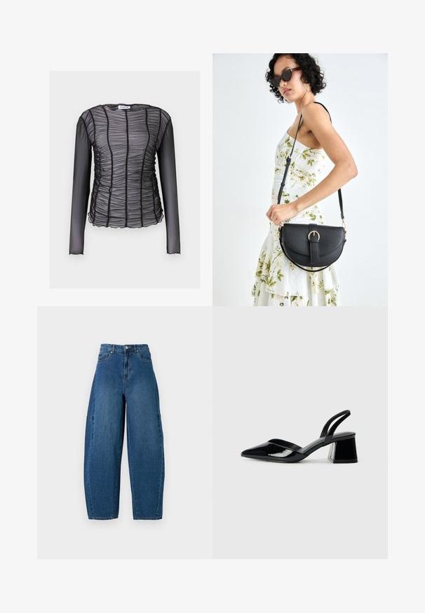 Blusa preta de mangas compridas feita de um tecido transparente e franzido com riscas verticais, apresentando uma bainha em ondas e um decote redondo.; Denim jeans em um tom de azul médio, apresentando uma cintura alta, corte largo e design padrão de cinco bolsos com detalhes de costura visíveis.; Sandy em verniz preto com salto slingback, ponta afilada e salto geométrico. Apresenta um design elegante e minimalista com textura suave.; Bolsa de couro preta com forma curva, alça destacável e detalhes em dourado. A bolsa possui uma aba com detalhe de fivela.