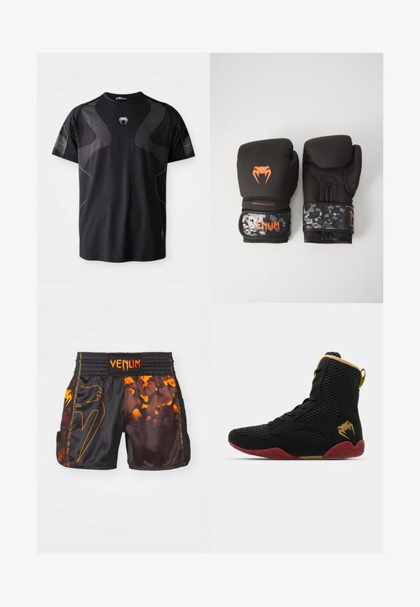 Black athletic T-shirt in a lightweight fabric, featuring textured gray patterns on shoulders and sides, with a round neckline and short sleeves.; Black and orange Venum shorts featuring a glossy finish, contrasting camo patterns, and an elastic waistband with logo detail.; High-top athletic shoe with black mesh and synthetic material, textured accents, red rubber sole, and gold detailing on the ankle.; Black boxing gloves with a matte finish and ergonomic design. Orange logo detailing and camouflage-patterned wrist straps.