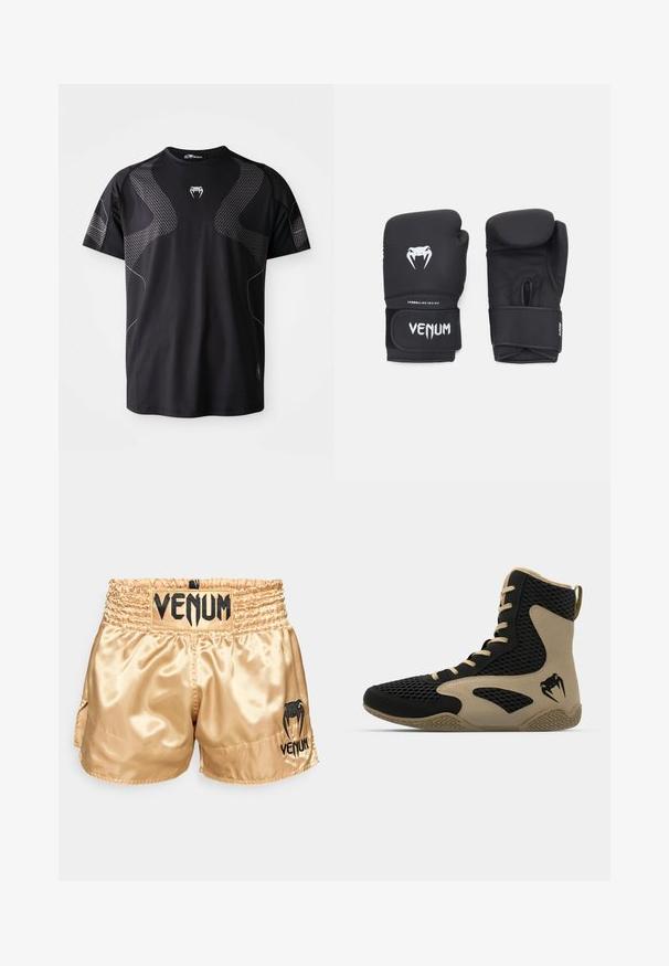 Must hõbedane sporditee kergetest materjalidest, millel on tekstuuriga hallid mustrid õlgadel ja külgedel, ümmargune kaelus ja lühikesed varrukad.; Kuldne satiinist poksipingid musta "VENUM" logoga vööl ja külgedel, millel on sile tekstuur ja elastne vöö, et tagada mugavus.; Korkeatoimelise spordijalanõud musta võrkmaterjaliga, millel on beežid accentsid. Tekstureeritud kummist tallad ja logodetail küljepeal.; Mustad musta värvi poksikindad, millel on sile tekstuur, valge Venomi logo ja reguleeritav takjakinnitus, mis tagab kindla istuvuse.