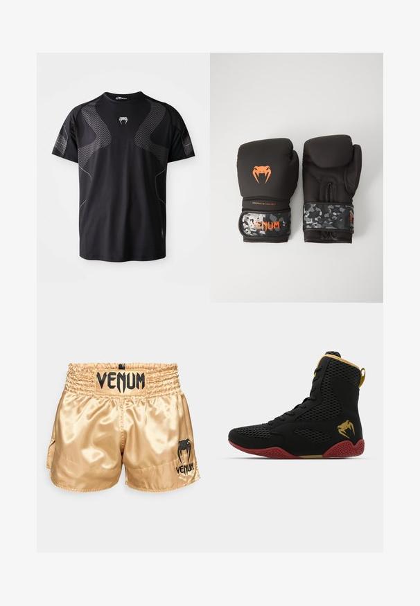 Svart treningstrøye i et lett stoff, med teksturerte grå mønstre på skuldrene og sidene, rund hals og korte ermer.; Gylne sateng bokseshorts med svart "VENUM" logo på midjebåndet og siden, med en jevn tekstur og elastisk midjebånd for komfort.; Høy topp idrettssko med svart mesh og syntetisk materiale, teksturerte detaljer, rød gummisåle og gullfarge på ankelen.; Svarte boksinghansker med matt finish og ergonomisk design. Oransje logo-detaljer og håndleddsstropper med kamuflasjemønster.