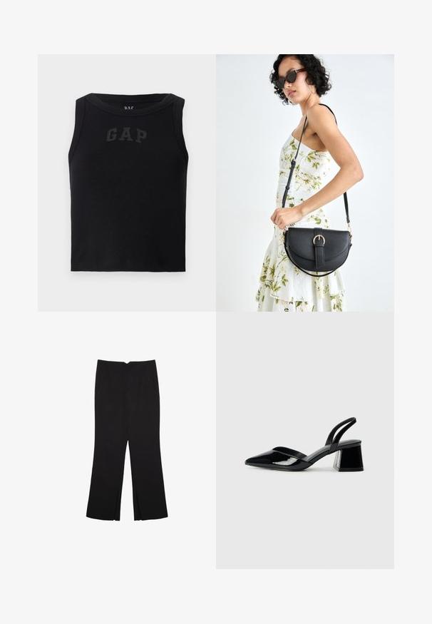 Canotta nera a coste con scollatura rotonda, caratterizzata da un logo "GAP" nero in contrasto sul davanti. Senza ulteriori decorazioni.; Pantaloni neri a gamba dritta, con tasche frontali e spacchi laterali all'orlo. Realizzati in tessuto morbido e liscio. Adatti a diverse occasioni.; Décolleté in vernice nera con punta affusolata e tacco in geometria cubica. Presentano un design elegante e minimalista, con una texture liscia.; Borsa a tracolla nera in pelle con una forma curva, manico rimovibile e accessori dorati. La borsa presenta una patta con un dettaglio a fibbia.