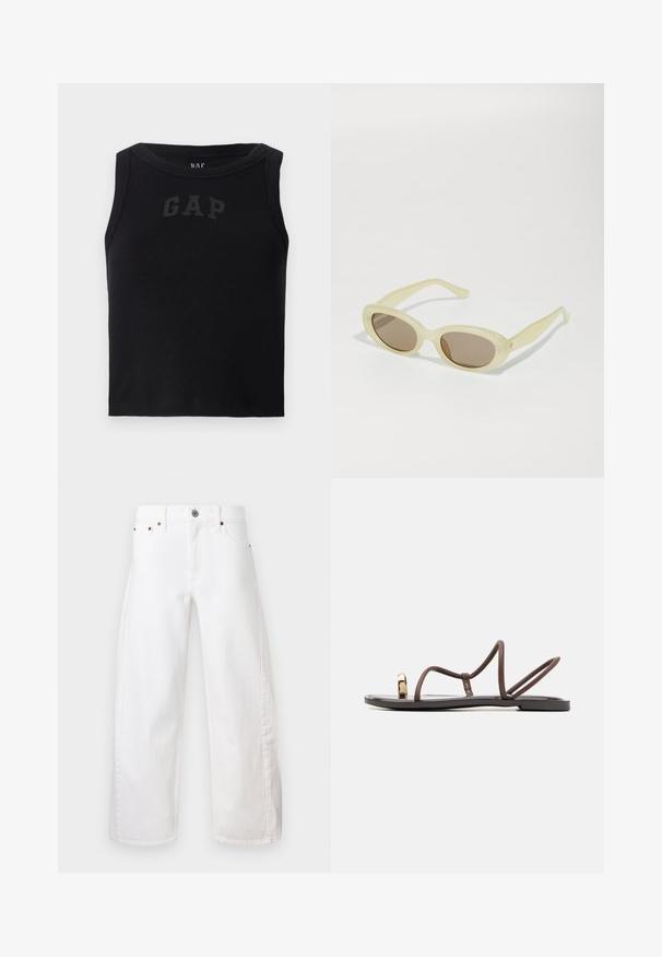 Black ribbed tank top with a round neckline, featuring a contrasting black "GAP" logo on the front. No additional embellishments.; White wide-leg jeans made of cotton denim. Features a button and zipper closure, front pockets, and subtle stitching along the seams.; Brown flat sandals with multiple slender straps, a toe loop, and a gold-tone accent. The sole is flat and has a smooth finish.; Oval sunglasses with a translucent pale yellow frame and brown lenses. Features smooth texture and subtle hardware accents on the sides.