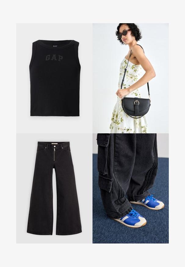 Canotta nera a coste con scollatura rotonda, caratterizzata da un logo "GAP" nero in contrasto sul davanti. Senza ulteriori decorazioni.; Jeans a gamba larga in denim nero con chiusura a zip, design a cinque tasche e dettagli di cucitura sottili. Texture morbida e stile casual.; Persona che indossa pantaloni cargo neri larghi e sneakers blu e bianche, in piedi su un tappeto blu scuro.; Borsa a tracolla nera in pelle con una forma curva, manico rimovibile e accessori dorati. La borsa presenta una patta con un dettaglio a fibbia.