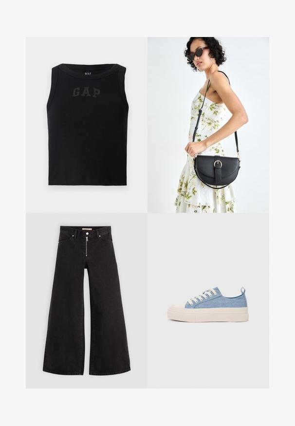 Top de tirantes negro con cuello redondo, que presenta un logotipo "GAP" en negro en la parte frontal. Sin adornos adicionales.; Jeans de pierna ancha en denim negro con cierre frontal, diseño de cinco bolsillos y detalles de costura sutiles. Textura suave y estilo casual.; Zapatillas de lona azul claro con una puntera y suela de goma crema, que cuentan con cordones blancos y una lengüeta en el talón.; Bolso de piel negra con forma curva, correa desmontable y herrajes dorados. El bolso cuenta con una solapa con un detalle de hebilla.