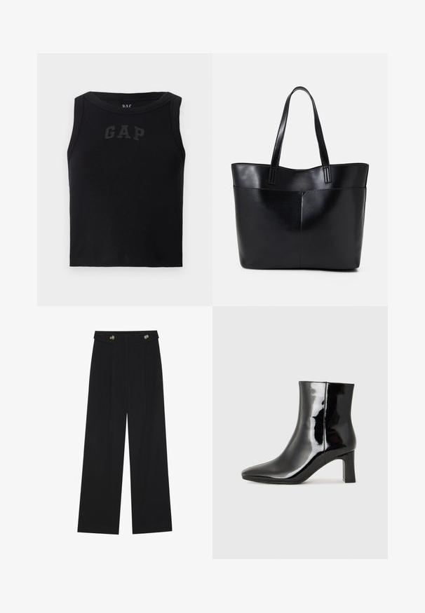 Must mustriba tank top ümmarguse kaelusega, mille esiküljel on kontrastne must "GAP" logo. Täiendavaid kaunistusi pole.; Mustad laiad püksid kõrge vöökoha ja nööpdetailidega vööandil, esikortsudega.; Must-sinine nahkjalats musta läikiva viimistlusega, millel on terav nina ja keskmise kõrgusega plokk konts. Sile tekstuur ja minimalistik disain.; Must mustaga musta nahast, millel on kaks pikka kanda, sile tekstuur ja struktureeritud kuju. Esipoolsel on lisakoti jaoks tasku.