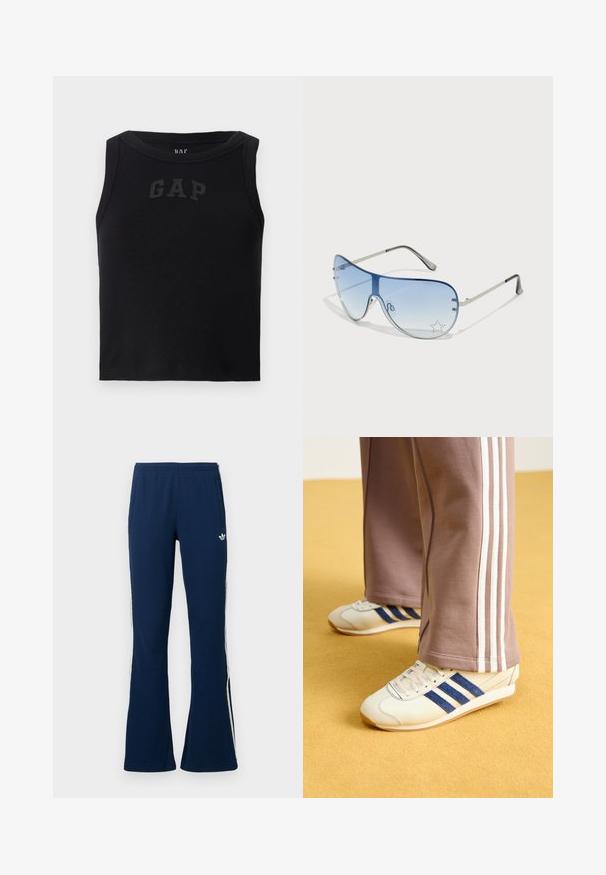 Melnās ribota tank top ar apaļu kakla izgriezumu, priekšā ar kontrastējošu melnu "GAP" logotipu. Bez papildu rotājumiem.; Tumši zili riboti izplesti sporta bikses ar baltām sānu svītrām un izšūtu logotipu kreisajā pusē, tajās ir divas sānu kabatas.; Krēma krāsas kedas ar zilo zamšādu svītrām, baltām auklām un gumijas zoli. Apvienotas ar pelēkām sporta biksēm ar baltām sānu svītrām.; Pilotstila saulesbrilles ar gradienta zilām lēcām, sudraba metāla rāmjiem un dekoratīvām zvaigžņu akcentiem uz lēcām. Gluda un eleganta dizaina.