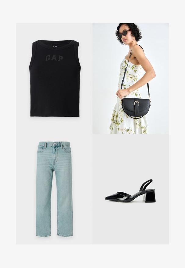 Juodas corruguotas marškinėliai su apvaliu iškirpimu, su kontrastinga juoda "GAP" logotipu priekyje. Be papildomų papuošimų.; Šviesiai mėlyni plačiakojai džinsai, pagaminti iš džinsinio audinio, su klasikinio penkių kišenių dizainu, švariomis linijomis ir reguliariu liemeniu su mygtuko uždarymu.; Juodos lakuotos odinės šlepetės su smailiu pirštu ir geometriniu bloko kulnu. Turi elegantišką, minimalistinį dizainą ir lygų paviršių.; Juodas odinis krepšys su išlenkta forma, nuimamu dirželiu ir auksiniais detalėmis. Krepšys turi kilpą su sagtimi.